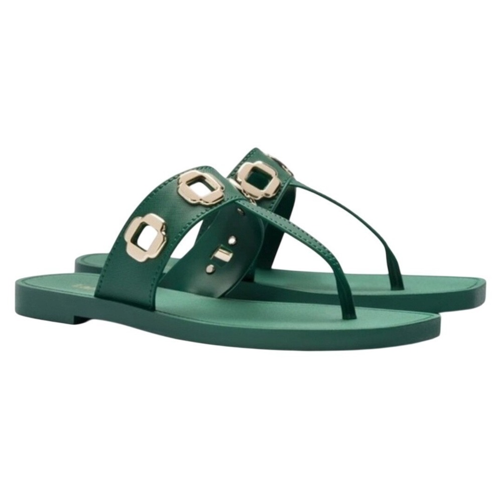 Larroude Green Thong Slide Sandals with Gold Accents